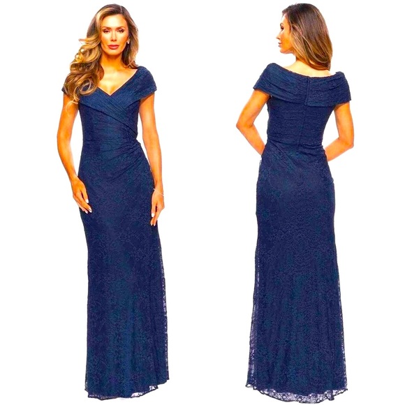 NWT LA FEMME Shimmering Jeweled Lace Portrait Neck Formal Gown Navy 14 MSRP $469